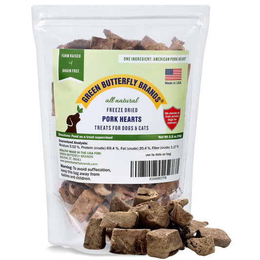Green Butterfly Brands Freeze Dried Pork Heart Dog Treats – Made in USA, All Natural Freeze-Dried Raw Snacks for Dogs and Cats, Single Ingredient, High Protein Heart Health, Irresistible Training Treat