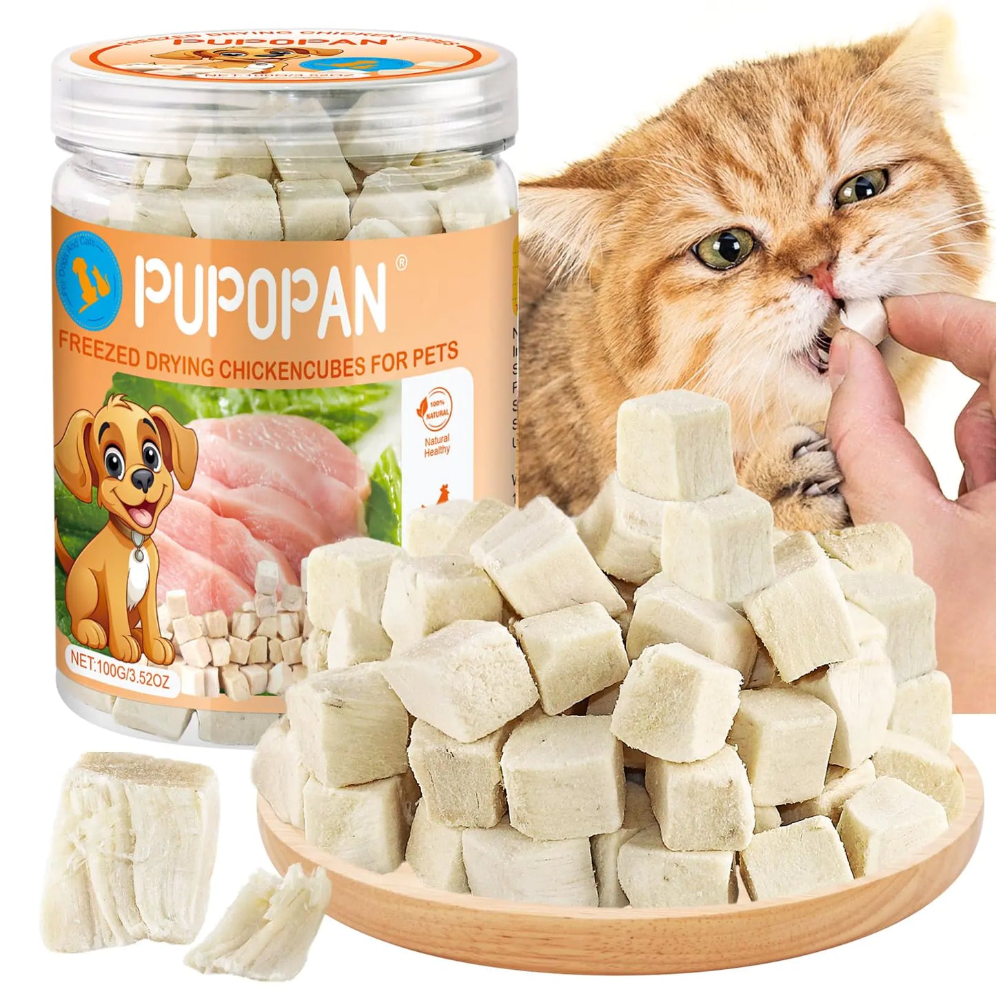 PuPoPan Freeze-Dried Chicken Cat Treats – 3.52 oz Chicken Cube Snacks for Pets, Single Ingredient Chicken Dog Treat Bite-Sized Pieces